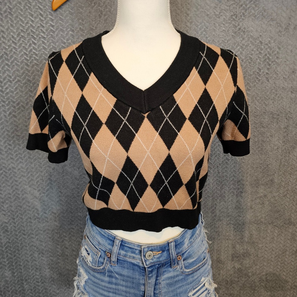 Clueless Academia Schoolgirl Argyle V-Neck Short Sleeve Cropped Sweater Size L